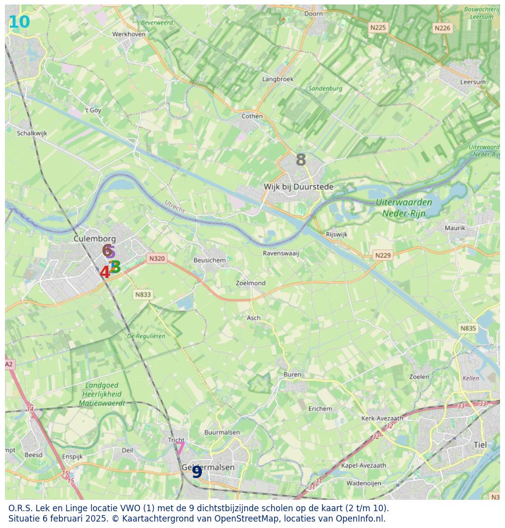 Kaart van de school met de tien dichtsbijzijnde scholen. Hierbij zijn de scholen genummerd van 1 tot en met 10. Nummer 1 is toegekend aan de schoolvestiging zelf: O.R.S. Lek en Linge locatie VWO.