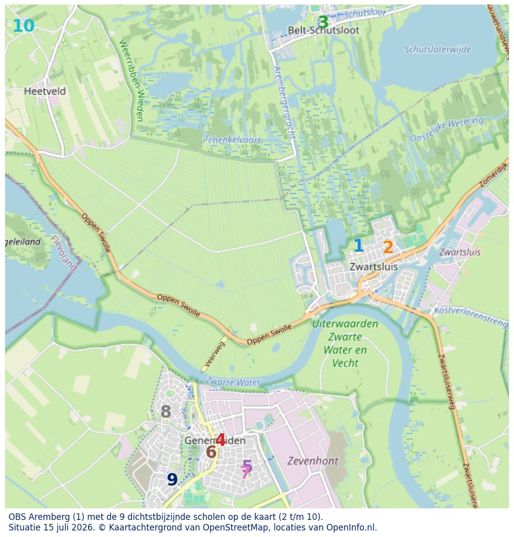 Kaart van de school met de tien dichtsbijzijnde scholen. Hierbij zijn de scholen genummerd van 1 tot en met 10. Nummer 1 is toegekend aan de schoolvestiging zelf: OBS Aremberg.