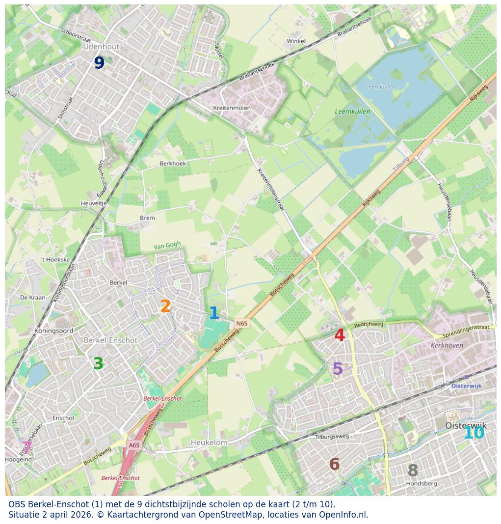 Kaart van de school met de tien dichtsbijzijnde scholen. Hierbij zijn de scholen genummerd van 1 tot en met 10. Nummer 1 is toegekend aan de schoolvestiging zelf: OBS Berkel-Enschot.