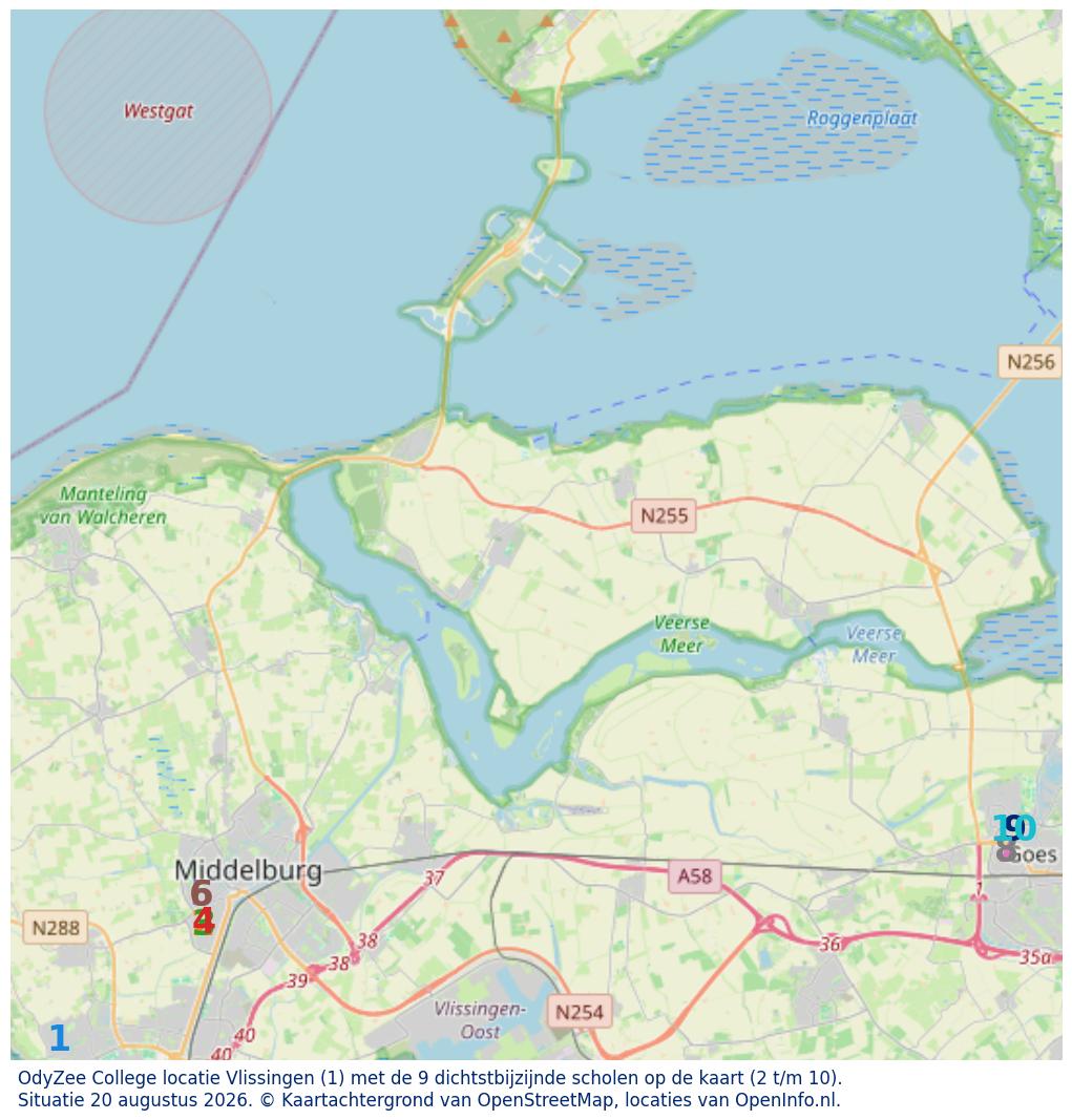 Kaart van de school met de tien dichtstbijzijnde scholen. Hierbij zijn de scholen genummerd van 1 tot en met 10. Nummer 1 is toegekend aan de schoolvestiging zelf: OdyZee College locatie Vlissingen.