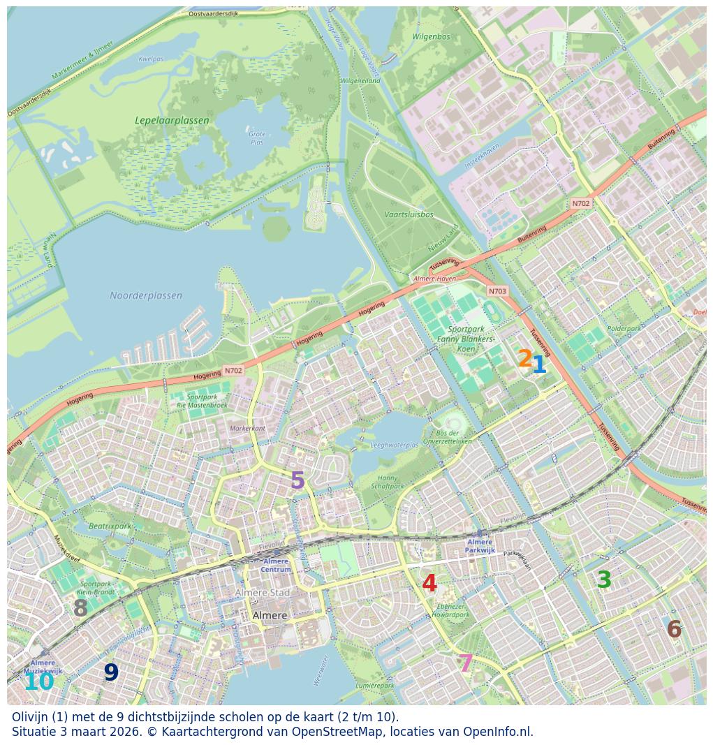 Kaart van de school met de tien dichtsbijzijnde scholen. Hierbij zijn de scholen genummerd van 1 tot en met 10. Nummer 1 is toegekend aan de schoolvestiging zelf: Olivijn.