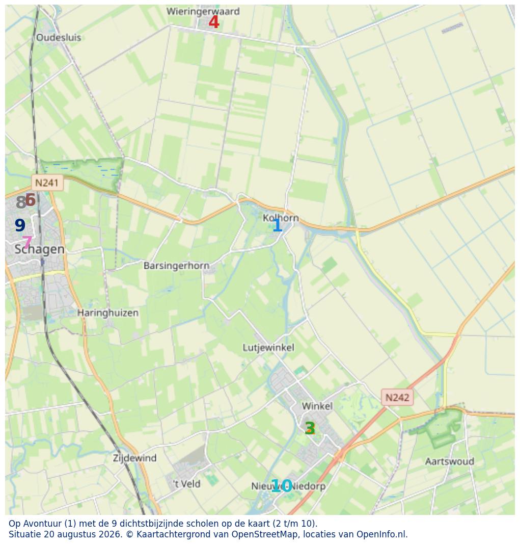 Kaart van de school met de tien dichtsbijzijnde scholen. Hierbij zijn de scholen genummerd van 1 tot en met 10. Nummer 1 is toegekend aan de schoolvestiging zelf: Op Avontuur.