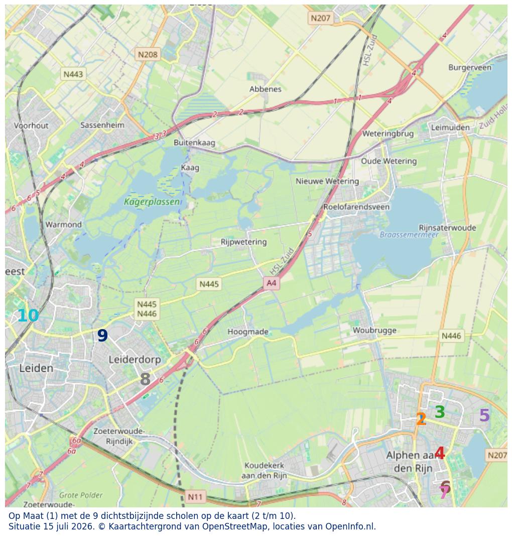 Kaart van de school met de tien dichtsbijzijnde scholen. Hierbij zijn de scholen genummerd van 1 tot en met 10. Nummer 1 is toegekend aan de schoolvestiging zelf: Op Maat.