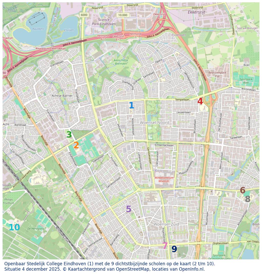 Kaart van de school met de tien dichtsbijzijnde scholen. Hierbij zijn de scholen genummerd van 1 tot en met 10. Nummer 1 is toegekend aan de schoolvestiging zelf: Openbaar Stedelijk College Eindhoven.