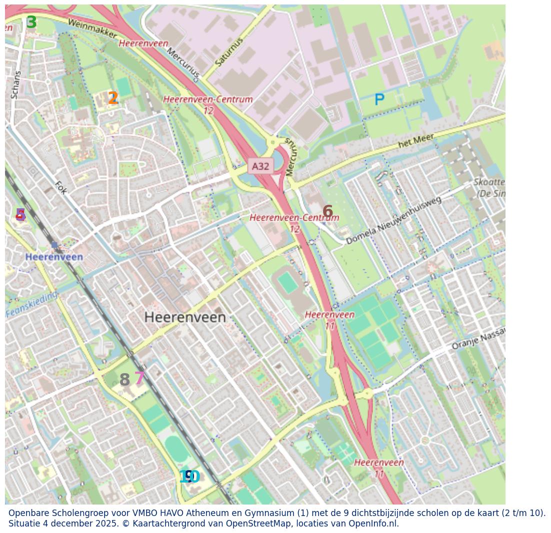 Kaart van de school met de tien dichtsbijzijnde scholen. Hierbij zijn de scholen genummerd van 1 tot en met 10. Nummer 1 is toegekend aan de schoolvestiging zelf: Openbare Scholengroep voor VMBO HAVO Atheneum en Gymnasium.