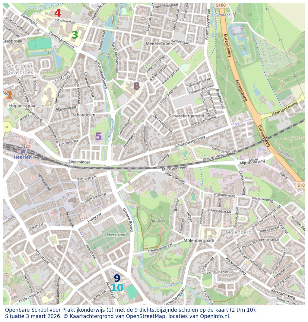 Kaart van de school met de tien dichtsbijzijnde scholen. Hierbij zijn de scholen genummerd van 1 tot en met 10. Nummer 1 is toegekend aan de schoolvestiging zelf: Openbare School voor Praktijkonderwijs.