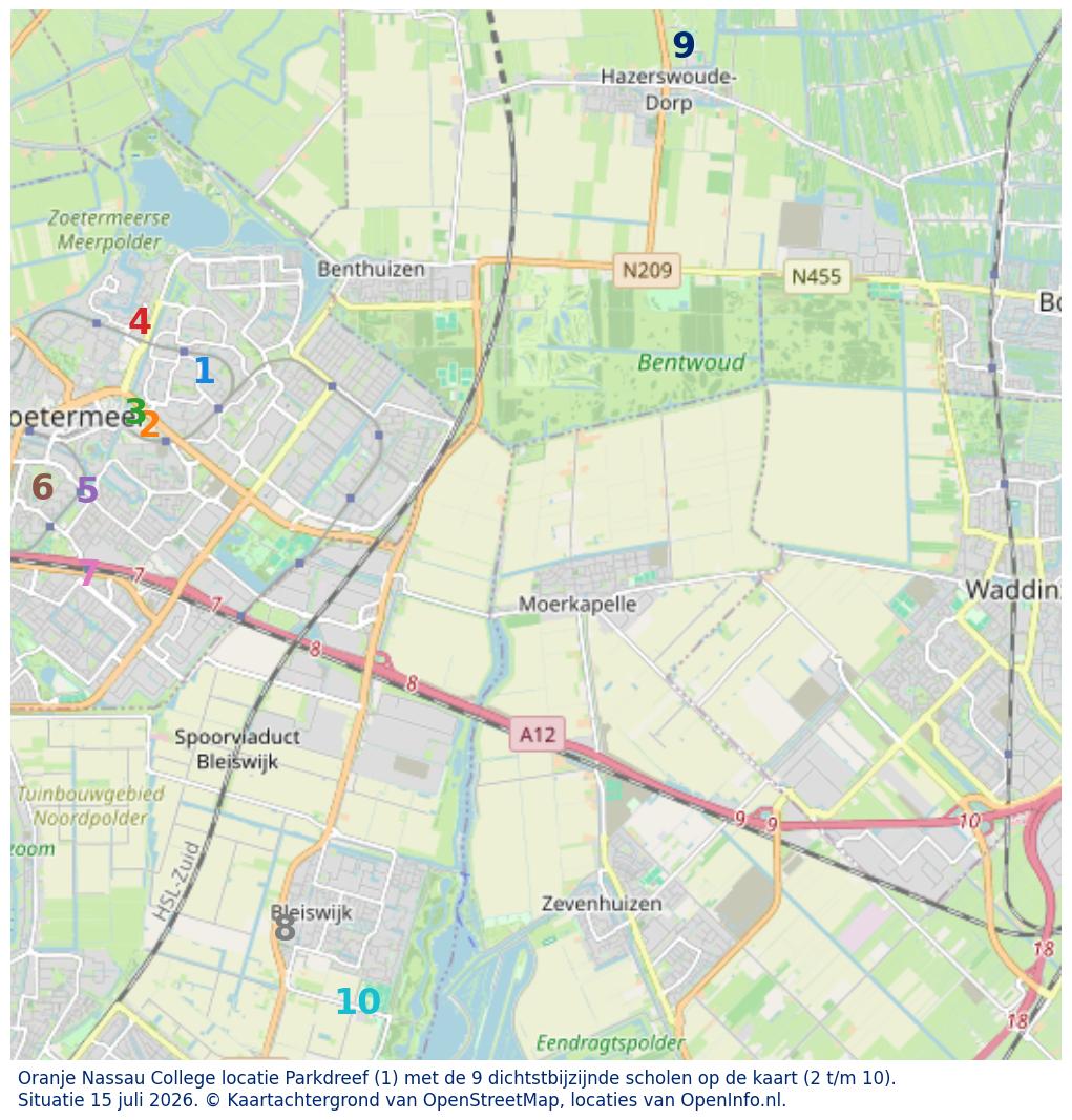 Kaart van de school met de tien dichtsbijzijnde scholen. Hierbij zijn de scholen genummerd van 1 tot en met 10. Nummer 1 is toegekend aan de schoolvestiging zelf: Oranje Nassau College locatie Parkdreef.
