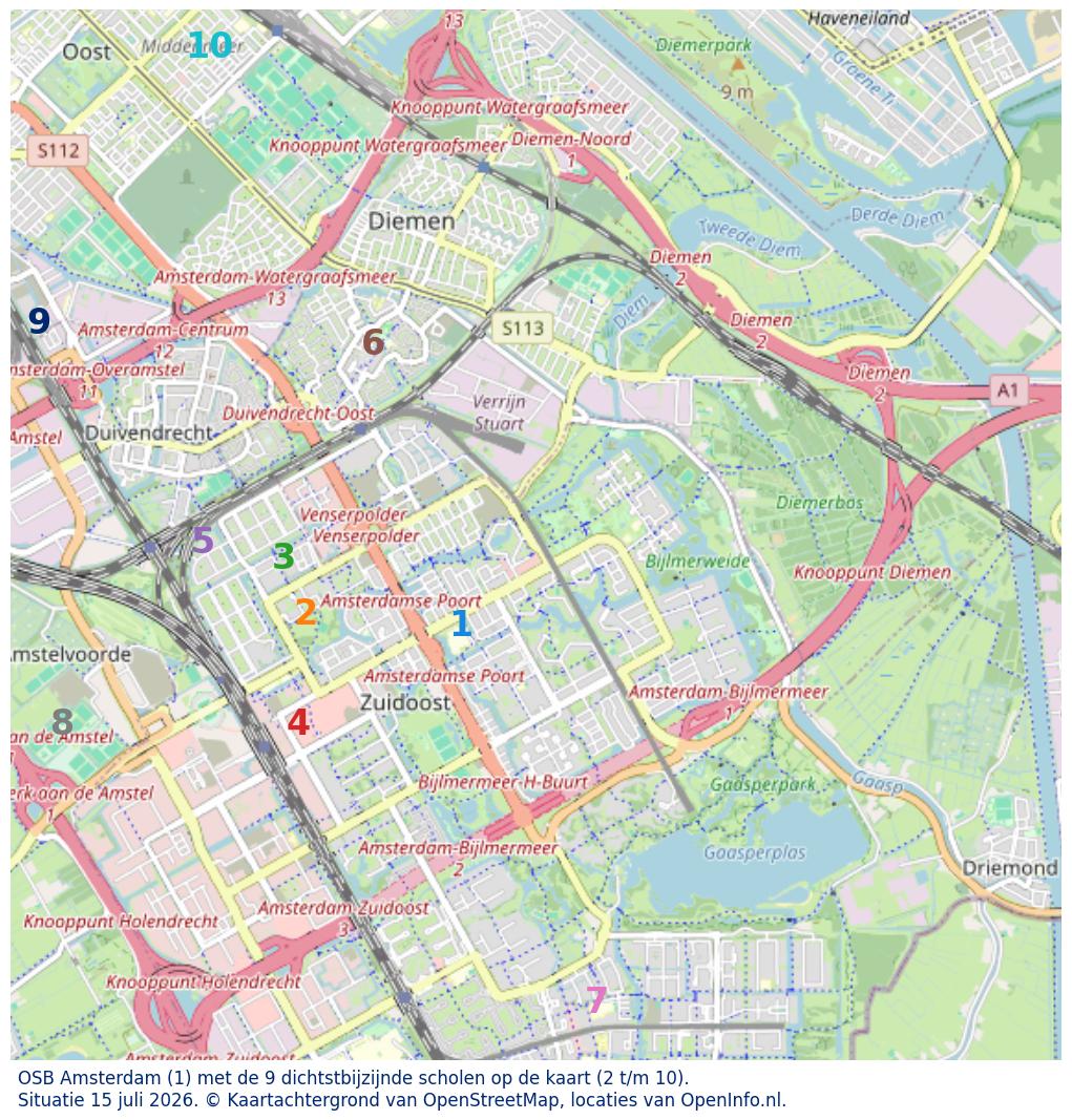 Kaart van de school met de tien dichtsbijzijnde scholen. Hierbij zijn de scholen genummerd van 1 tot en met 10. Nummer 1 is toegekend aan de schoolvestiging zelf: OSB Amsterdam.