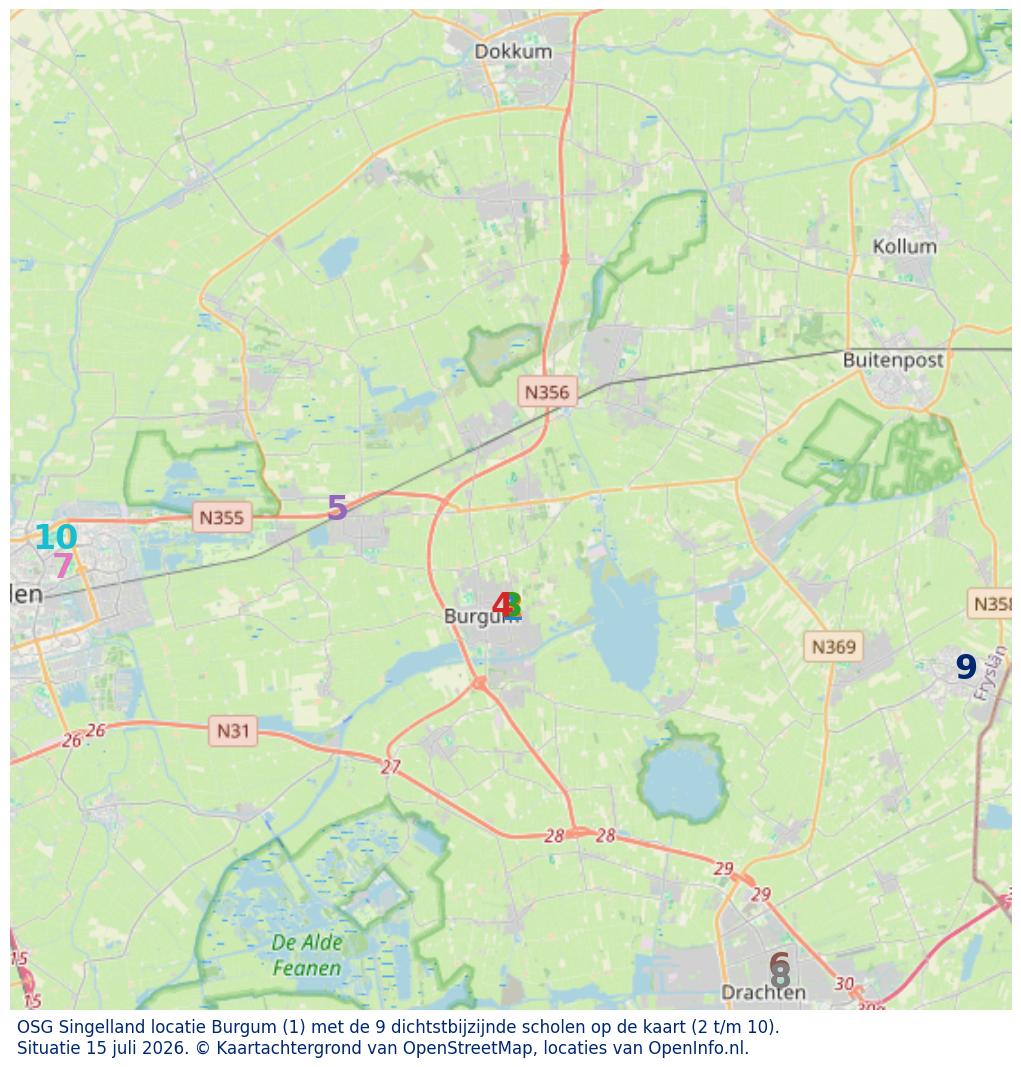 Kaart van de school met de tien dichtsbijzijnde scholen. Hierbij zijn de scholen genummerd van 1 tot en met 10. Nummer 1 is toegekend aan de schoolvestiging zelf: OSG Singelland locatie Burgum.