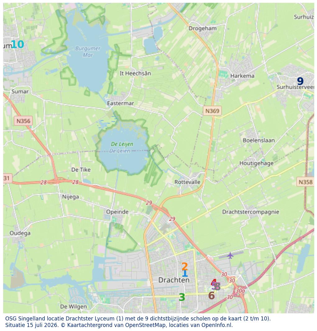 Kaart van de school met de tien dichtsbijzijnde scholen. Hierbij zijn de scholen genummerd van 1 tot en met 10. Nummer 1 is toegekend aan de schoolvestiging zelf: OSG Singelland locatie Drachtster Lyceum.