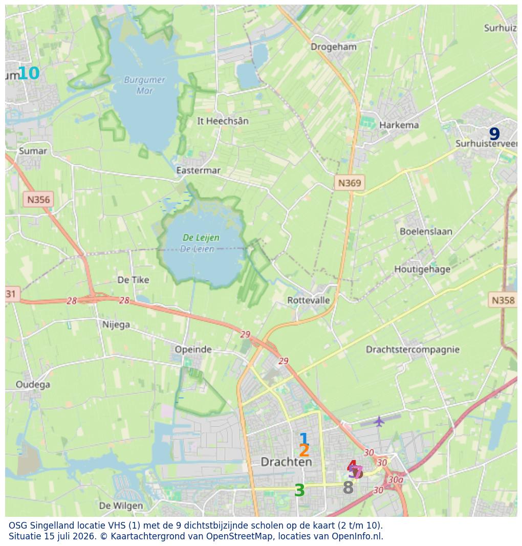 Kaart van de school met de tien dichtsbijzijnde scholen. Hierbij zijn de scholen genummerd van 1 tot en met 10. Nummer 1 is toegekend aan de schoolvestiging zelf: OSG Singelland locatie VHS.
