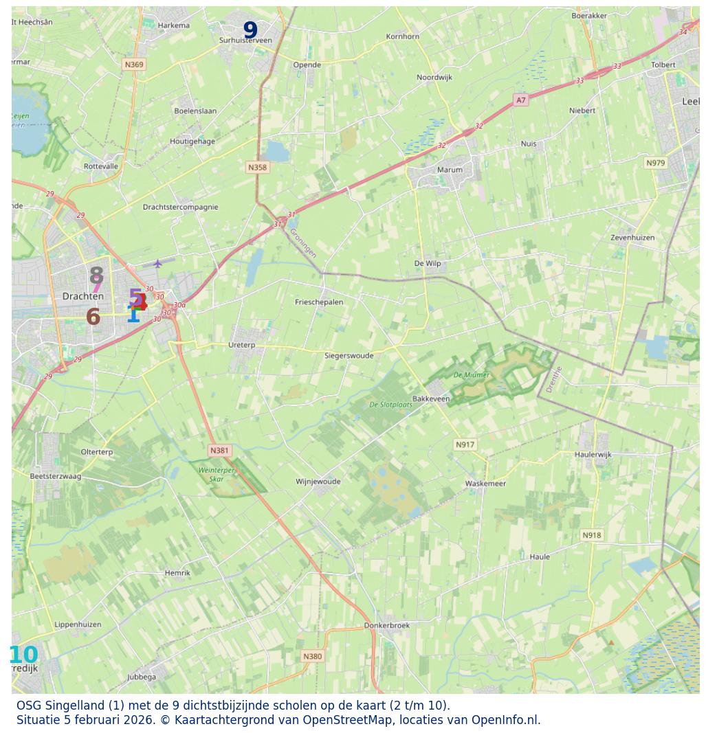 Kaart van de school met de tien dichtsbijzijnde scholen. Hierbij zijn de scholen genummerd van 1 tot en met 10. Nummer 1 is toegekend aan de schoolvestiging zelf: OSG Singelland.