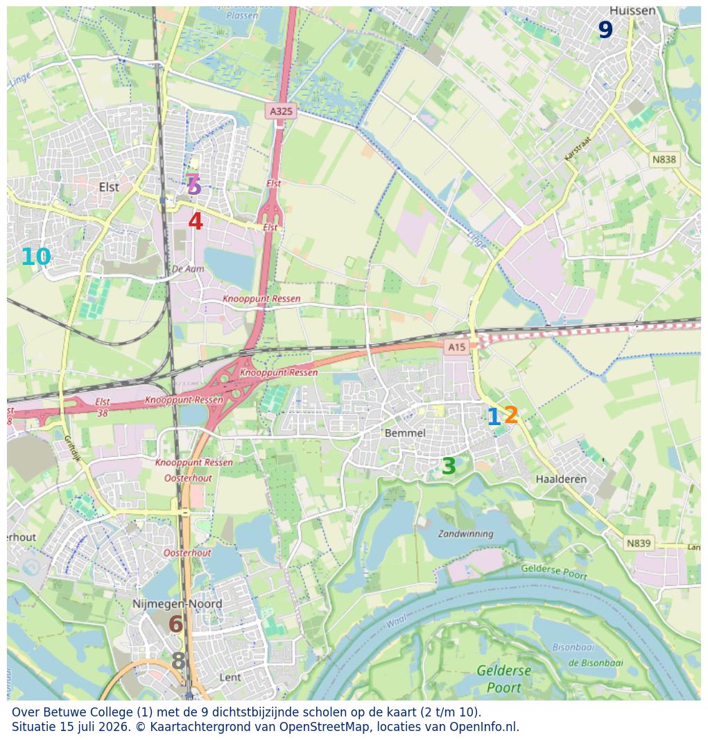 Kaart van de school met de tien dichtsbijzijnde scholen. Hierbij zijn de scholen genummerd van 1 tot en met 10. Nummer 1 is toegekend aan de schoolvestiging zelf: Over Betuwe College.