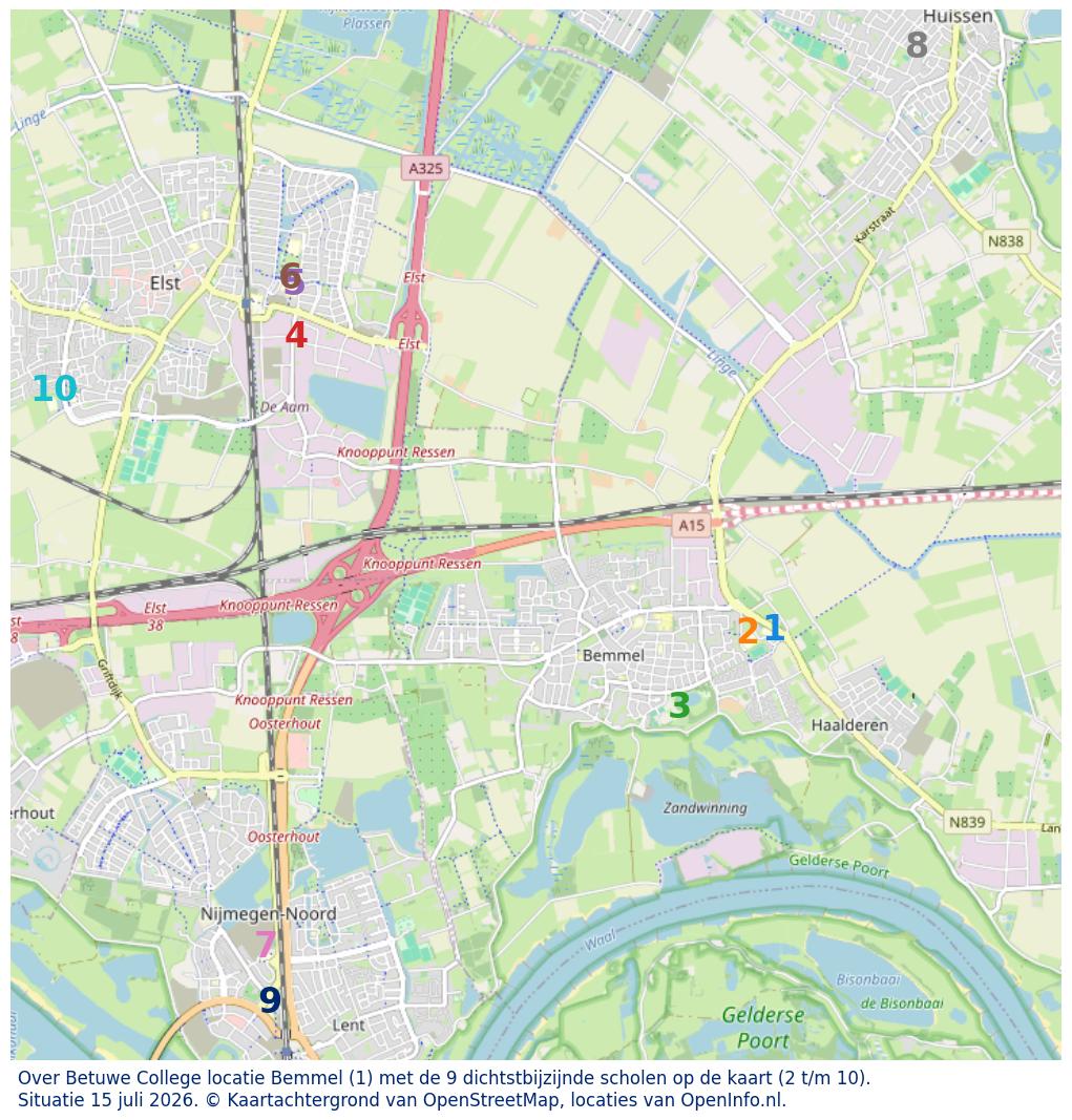 Kaart van de school met de tien dichtsbijzijnde scholen. Hierbij zijn de scholen genummerd van 1 tot en met 10. Nummer 1 is toegekend aan de schoolvestiging zelf: Over Betuwe College locatie Bemmel.