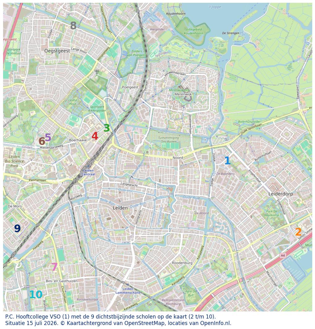 Kaart van de school met de tien dichtsbijzijnde scholen. Hierbij zijn de scholen genummerd van 1 tot en met 10. Nummer 1 is toegekend aan de schoolvestiging zelf: P.C. Hooftcollege VSO.