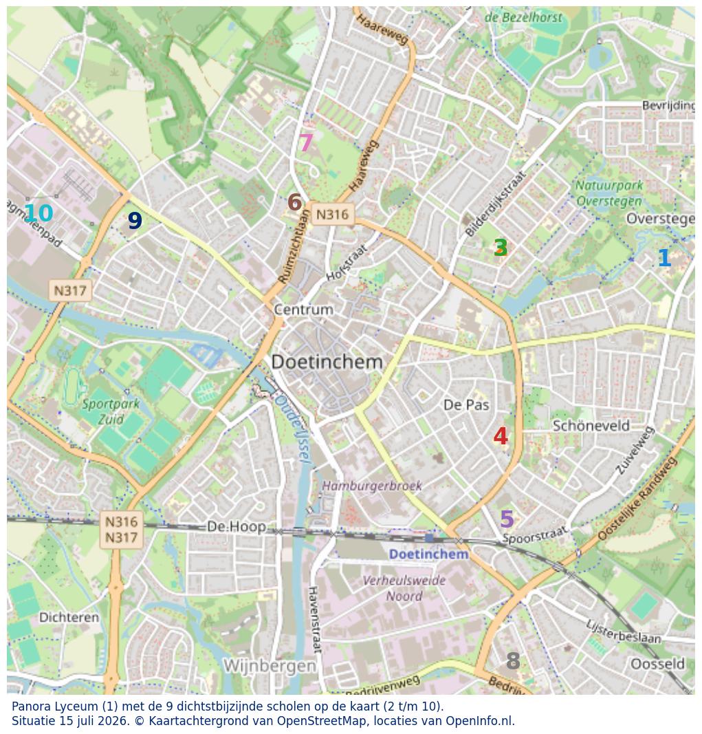 Kaart van de school met de tien dichtsbijzijnde scholen. Hierbij zijn de scholen genummerd van 1 tot en met 10. Nummer 1 is toegekend aan de schoolvestiging zelf: Panora Lyceum.