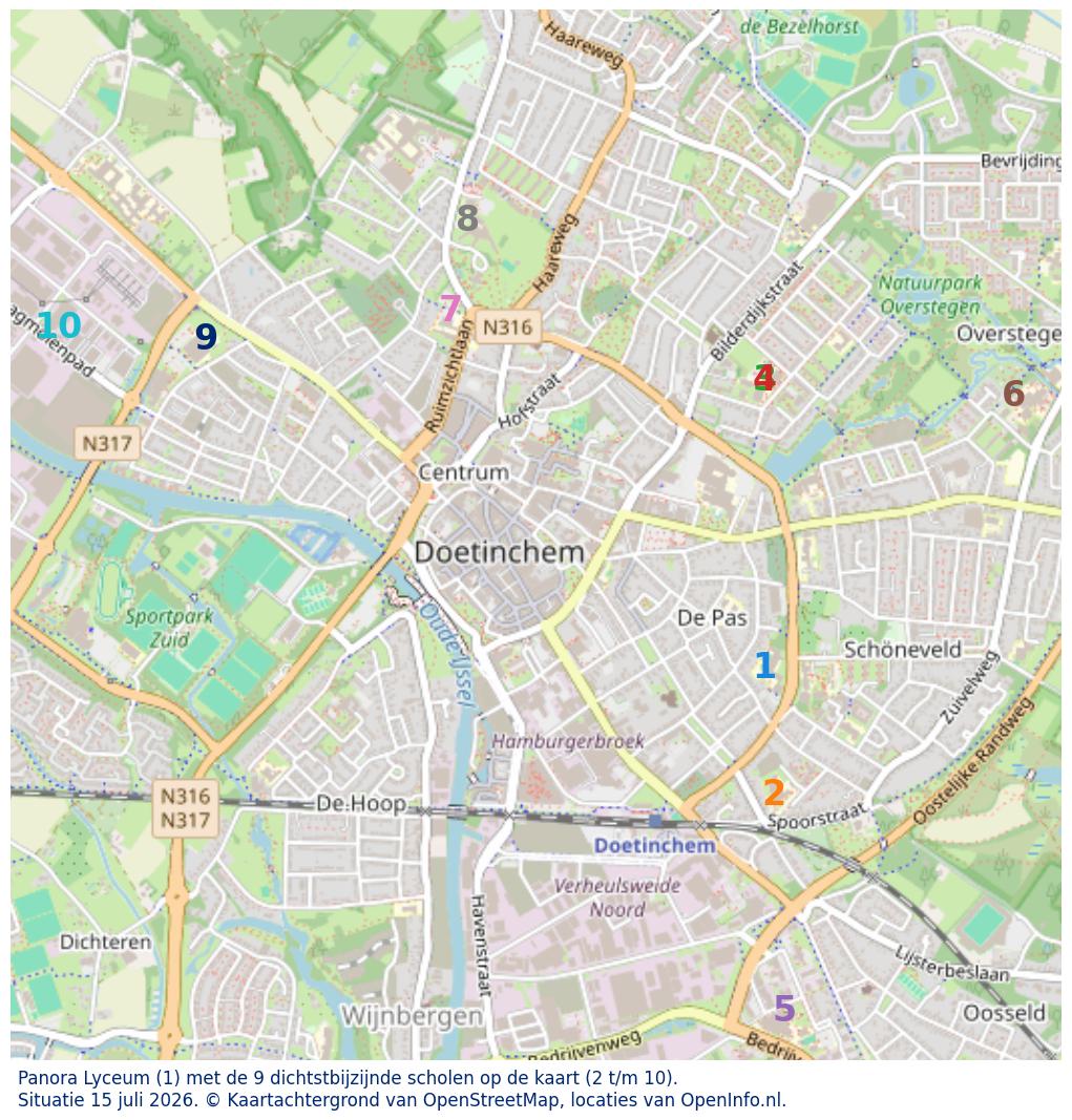 Kaart van de school met de tien dichtsbijzijnde scholen. Hierbij zijn de scholen genummerd van 1 tot en met 10. Nummer 1 is toegekend aan de schoolvestiging zelf: Panora Lyceum.