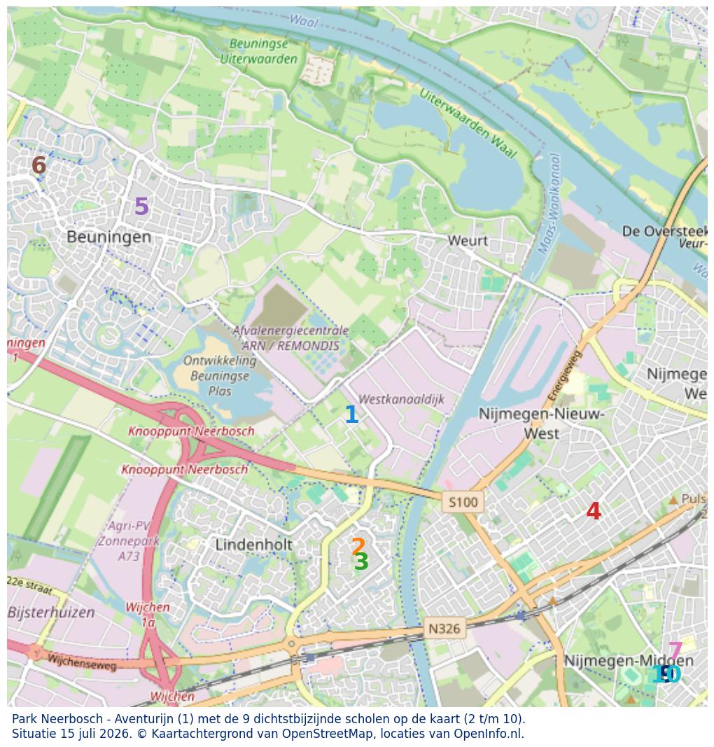 Kaart van de school met de tien dichtsbijzijnde scholen. Hierbij zijn de scholen genummerd van 1 tot en met 10. Nummer 1 is toegekend aan de schoolvestiging zelf: Park Neerbosch - Aventurijn.