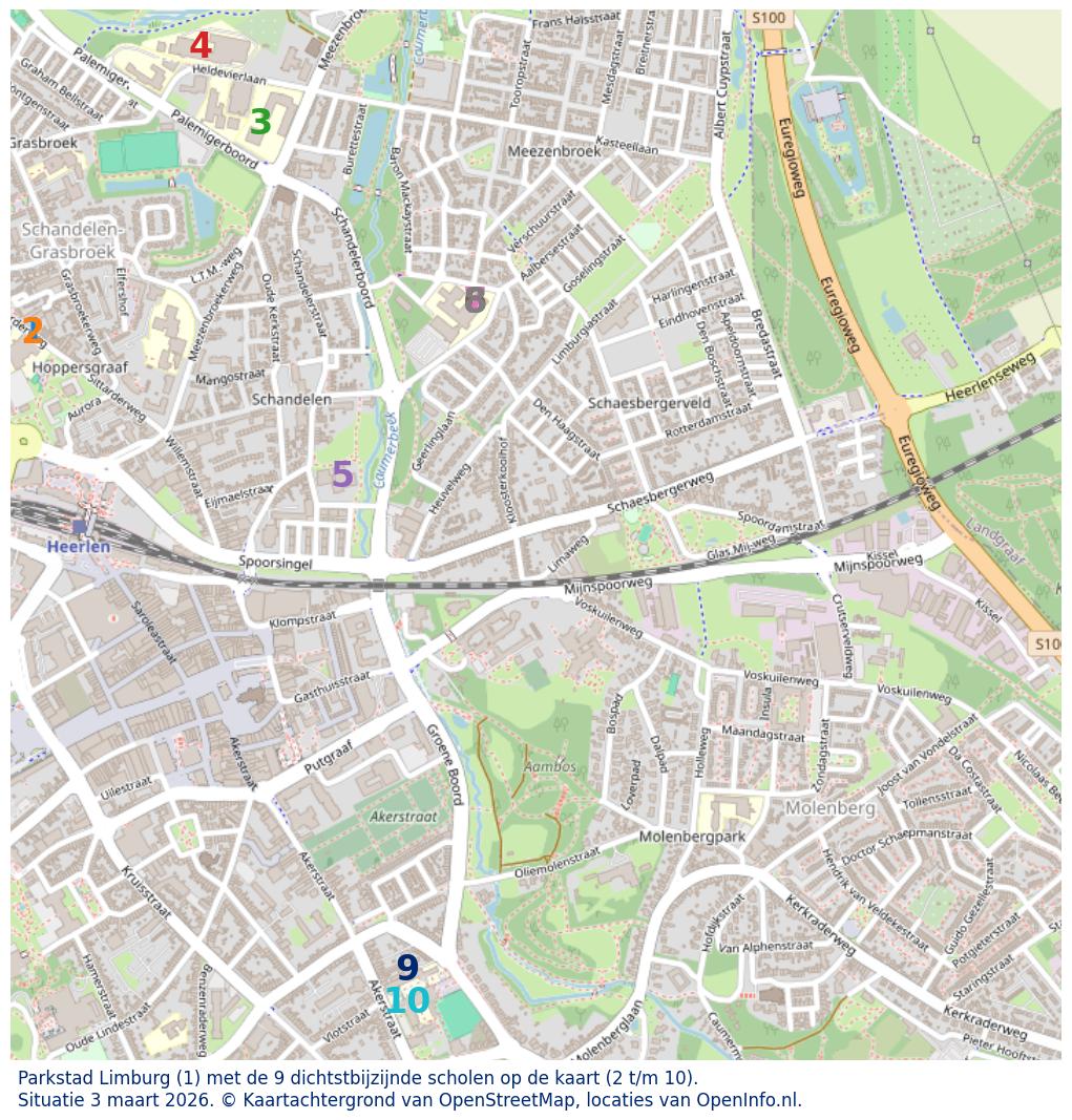 Kaart van de school met de tien dichtsbijzijnde scholen. Hierbij zijn de scholen genummerd van 1 tot en met 10. Nummer 1 is toegekend aan de schoolvestiging zelf: Parkstad Limburg.