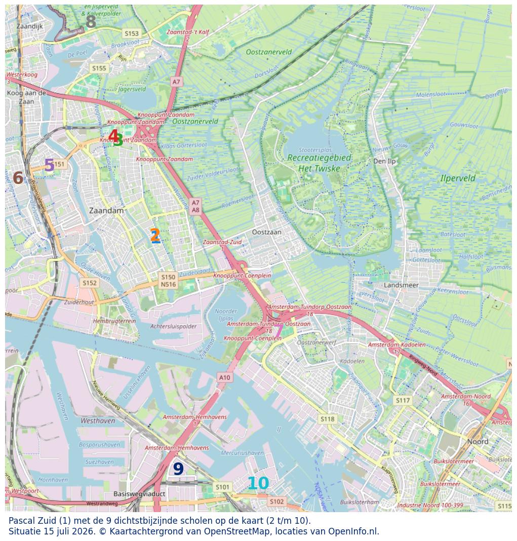 Kaart van de school met de tien dichtsbijzijnde scholen. Hierbij zijn de scholen genummerd van 1 tot en met 10. Nummer 1 is toegekend aan de schoolvestiging zelf: Pascal Zuid.