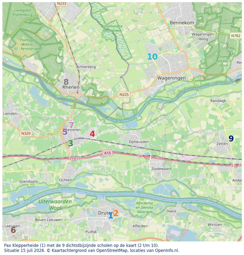 Kaart van de school met de tien dichtsbijzijnde scholen. Hierbij zijn de scholen genummerd van 1 tot en met 10. Nummer 1 is toegekend aan de schoolvestiging zelf: Pax Klepperheide.