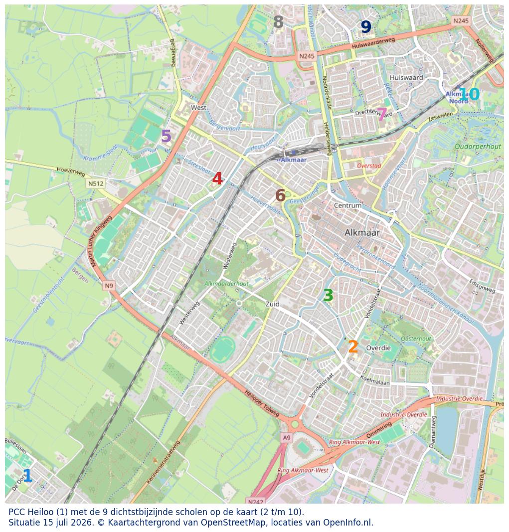Kaart van de school met de tien dichtsbijzijnde scholen. Hierbij zijn de scholen genummerd van 1 tot en met 10. Nummer 1 is toegekend aan de schoolvestiging zelf: PCC Heiloo.