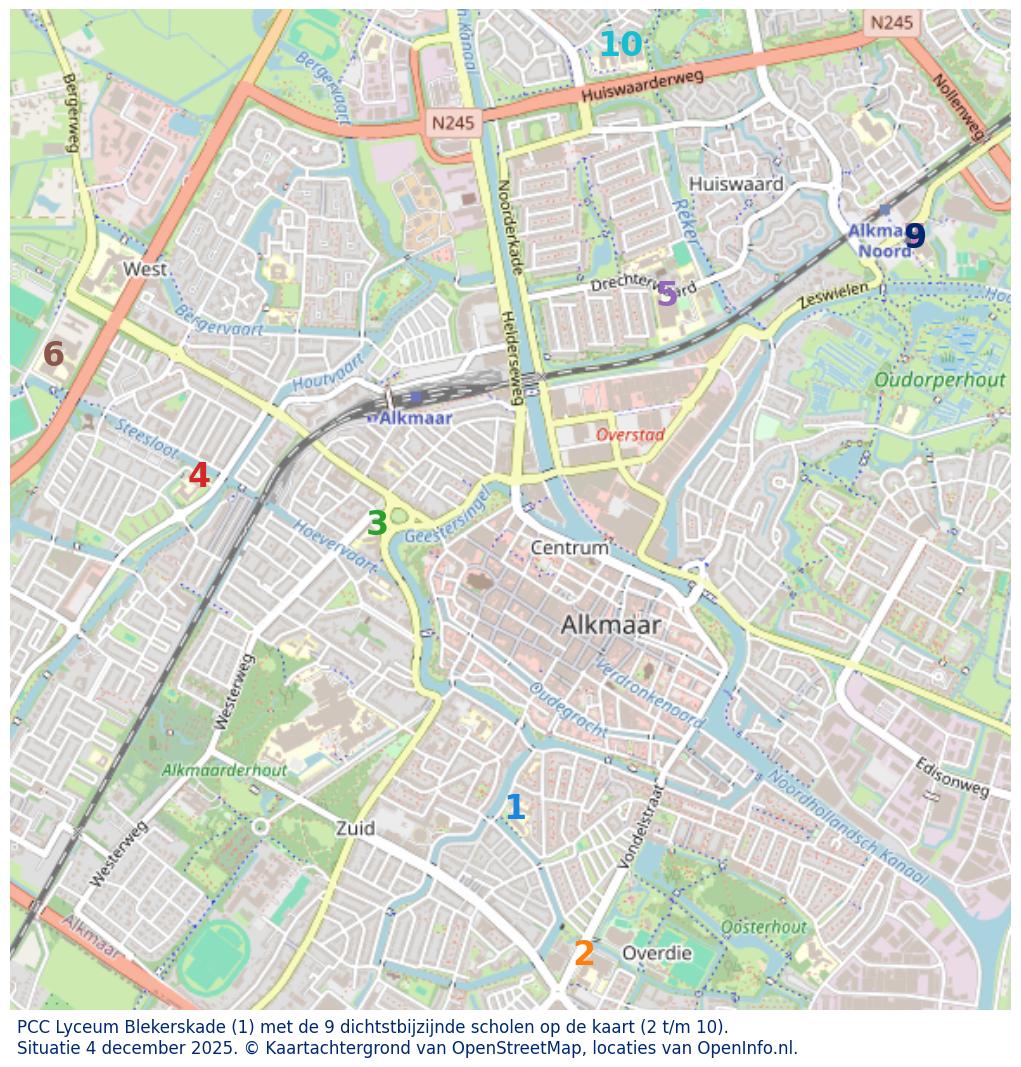 Kaart van de school met de tien dichtsbijzijnde scholen. Hierbij zijn de scholen genummerd van 1 tot en met 10. Nummer 1 is toegekend aan de schoolvestiging zelf: PCC Lyceum Blekerskade.