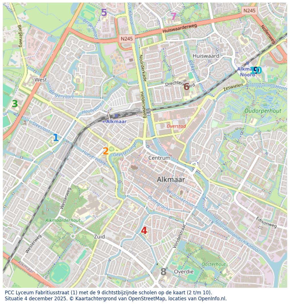 Kaart van de school met de tien dichtsbijzijnde scholen. Hierbij zijn de scholen genummerd van 1 tot en met 10. Nummer 1 is toegekend aan de schoolvestiging zelf: PCC Lyceum Fabritiusstraat.