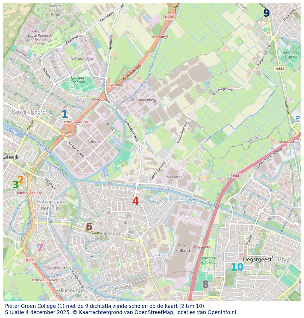 Kaart van de school met de tien dichtsbijzijnde scholen. Hierbij zijn de scholen genummerd van 1 tot en met 10. Nummer 1 is toegekend aan de schoolvestiging zelf: Pieter Groen College.