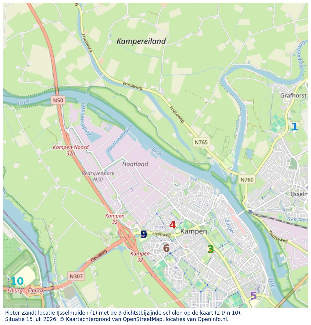 Kaart van de school met de tien dichtsbijzijnde scholen. Hierbij zijn de scholen genummerd van 1 tot en met 10. Nummer 1 is toegekend aan de schoolvestiging zelf: Pieter Zandt locatie IJsselmuiden.