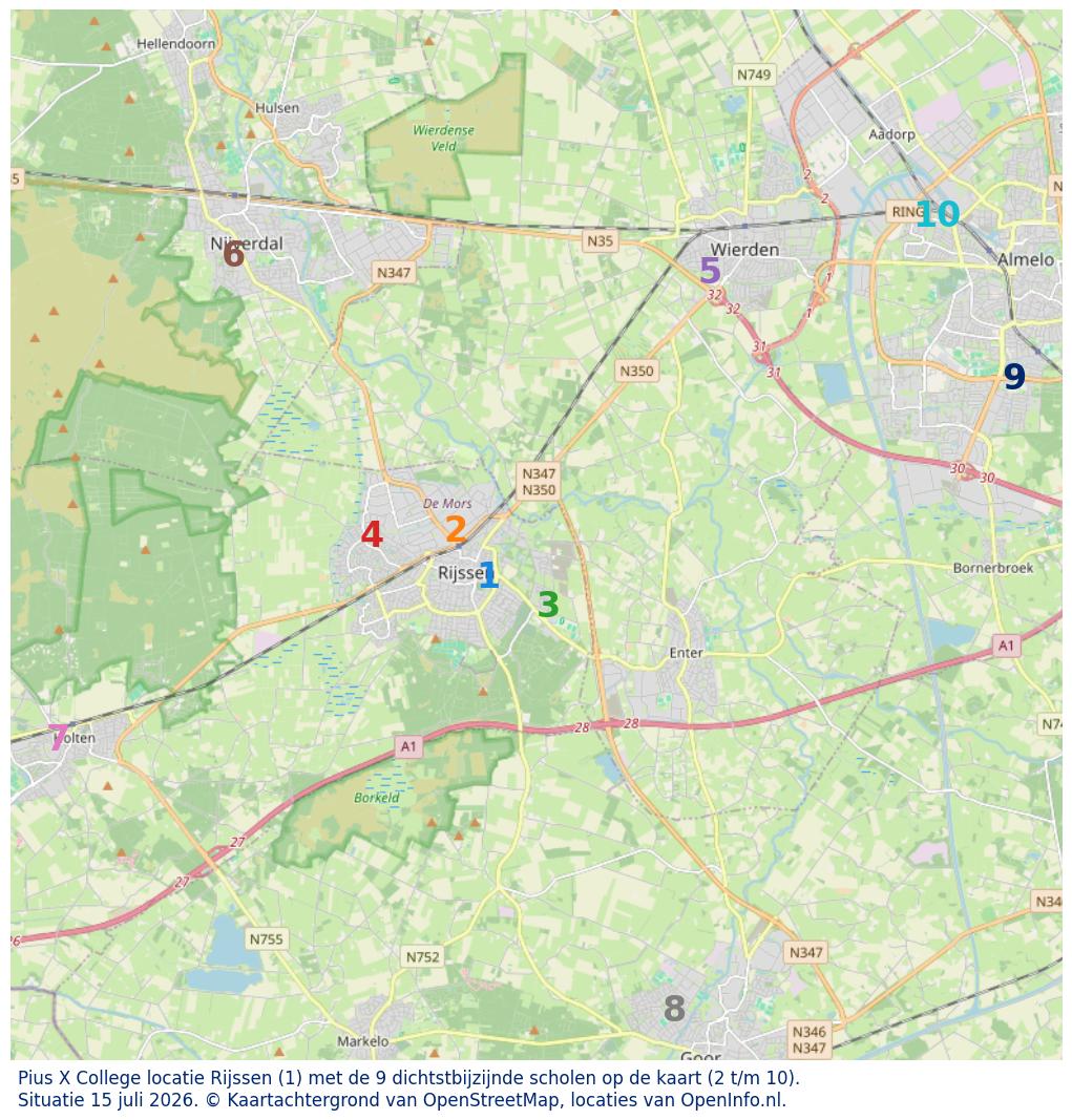Kaart van de school met de tien dichtsbijzijnde scholen. Hierbij zijn de scholen genummerd van 1 tot en met 10. Nummer 1 is toegekend aan de schoolvestiging zelf: Pius X College locatie Rijssen.
