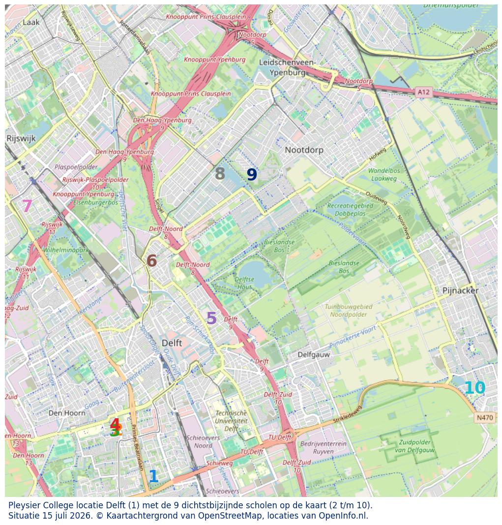 Kaart van de school met de tien dichtsbijzijnde scholen. Hierbij zijn de scholen genummerd van 1 tot en met 10. Nummer 1 is toegekend aan de schoolvestiging zelf: Pleysier College locatie Delft.