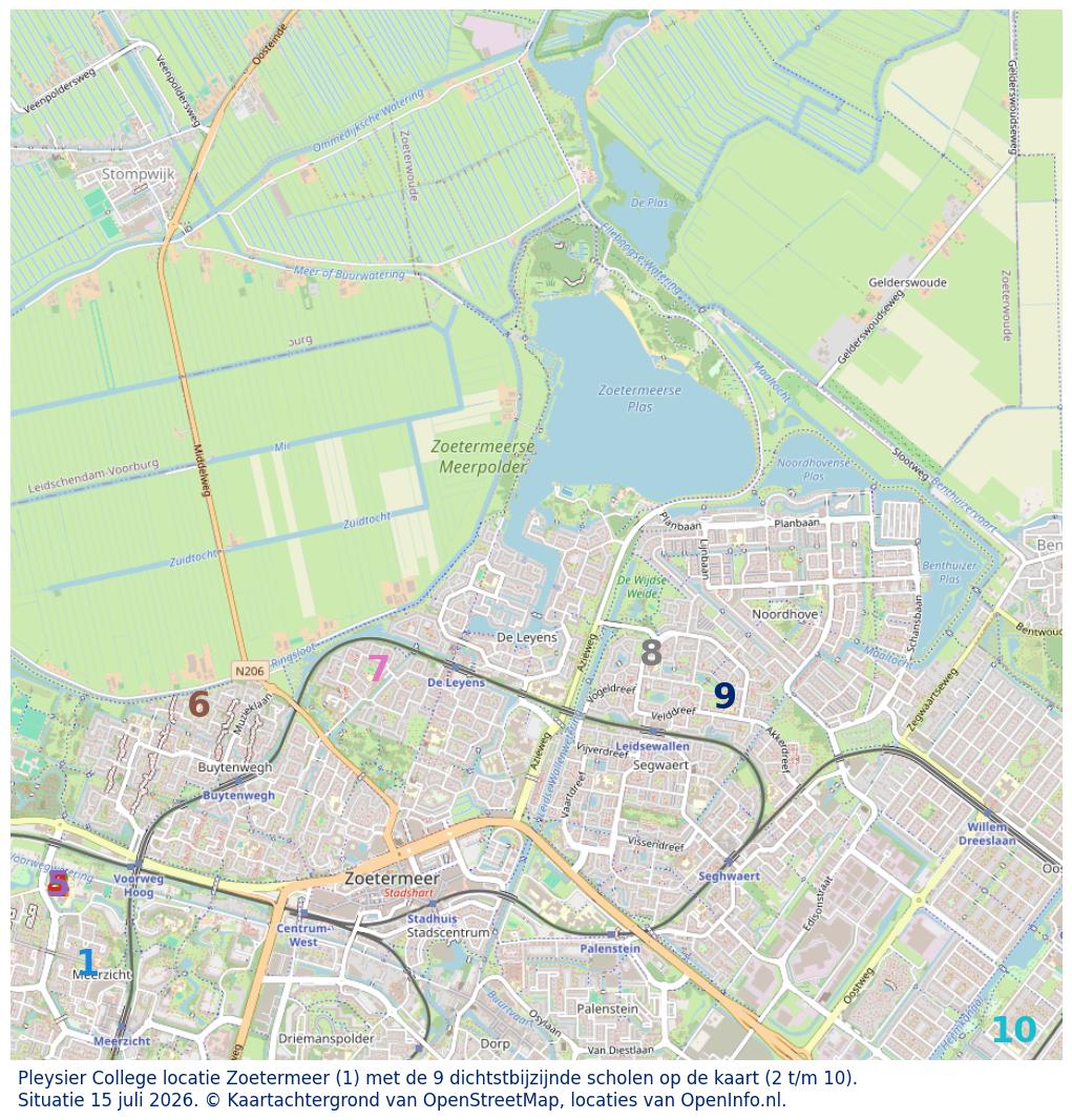 Kaart van de school met de tien dichtsbijzijnde scholen. Hierbij zijn de scholen genummerd van 1 tot en met 10. Nummer 1 is toegekend aan de schoolvestiging zelf: Pleysier College locatie Zoetermeer.
