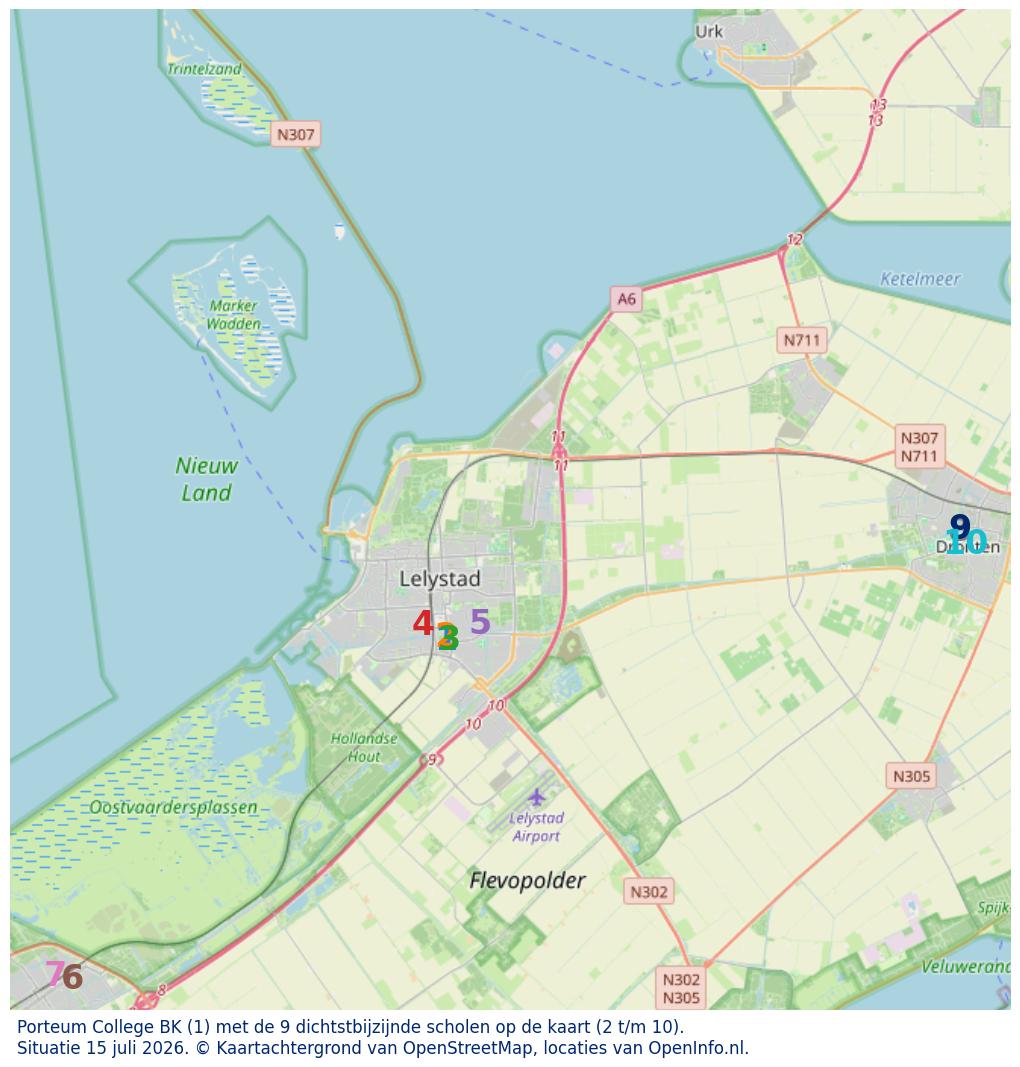 Kaart van de school met de tien dichtsbijzijnde scholen. Hierbij zijn de scholen genummerd van 1 tot en met 10. Nummer 1 is toegekend aan de schoolvestiging zelf: Porteum College BK.