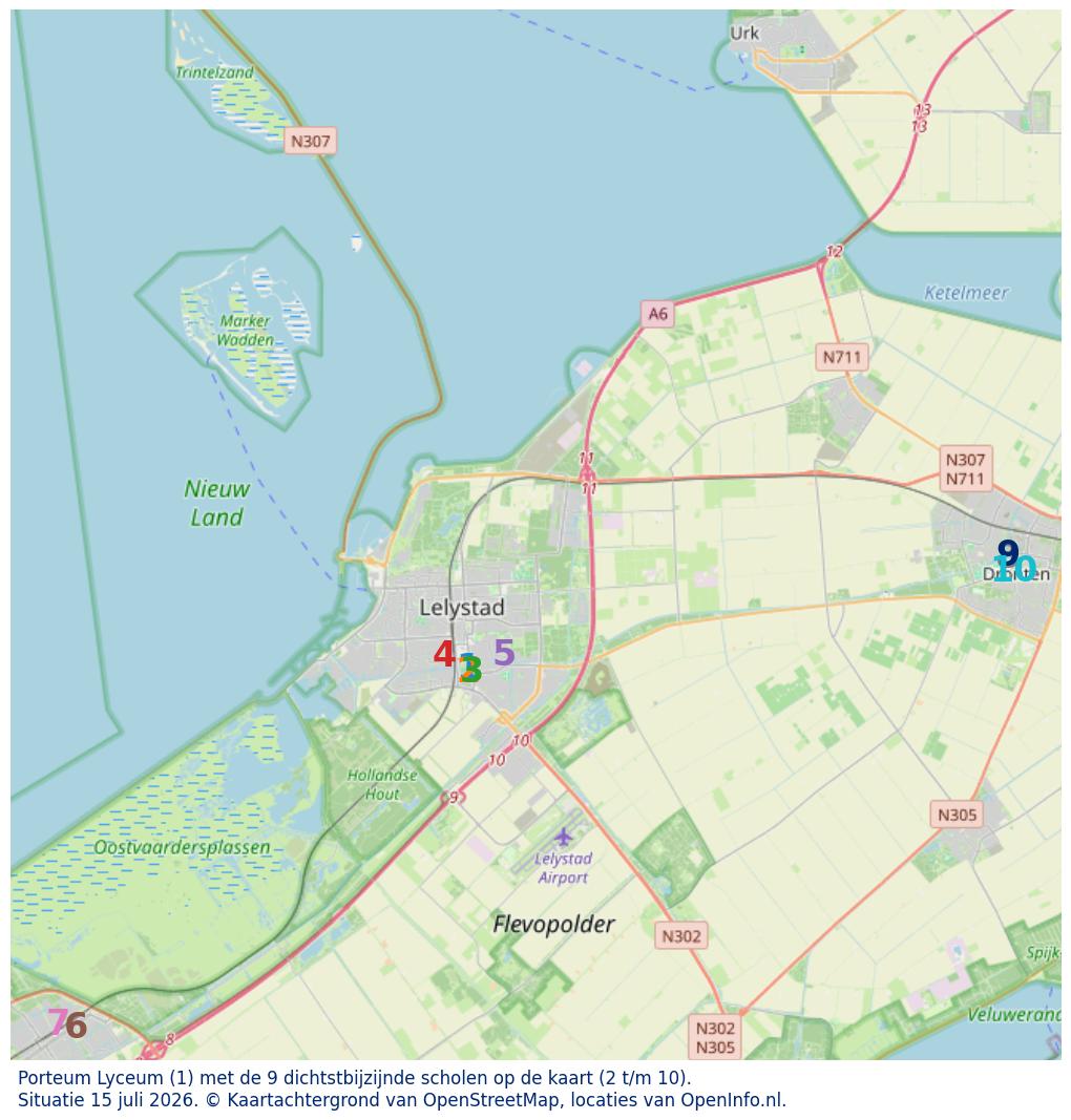 Kaart van de school met de tien dichtsbijzijnde scholen. Hierbij zijn de scholen genummerd van 1 tot en met 10. Nummer 1 is toegekend aan de schoolvestiging zelf: Porteum Lyceum.