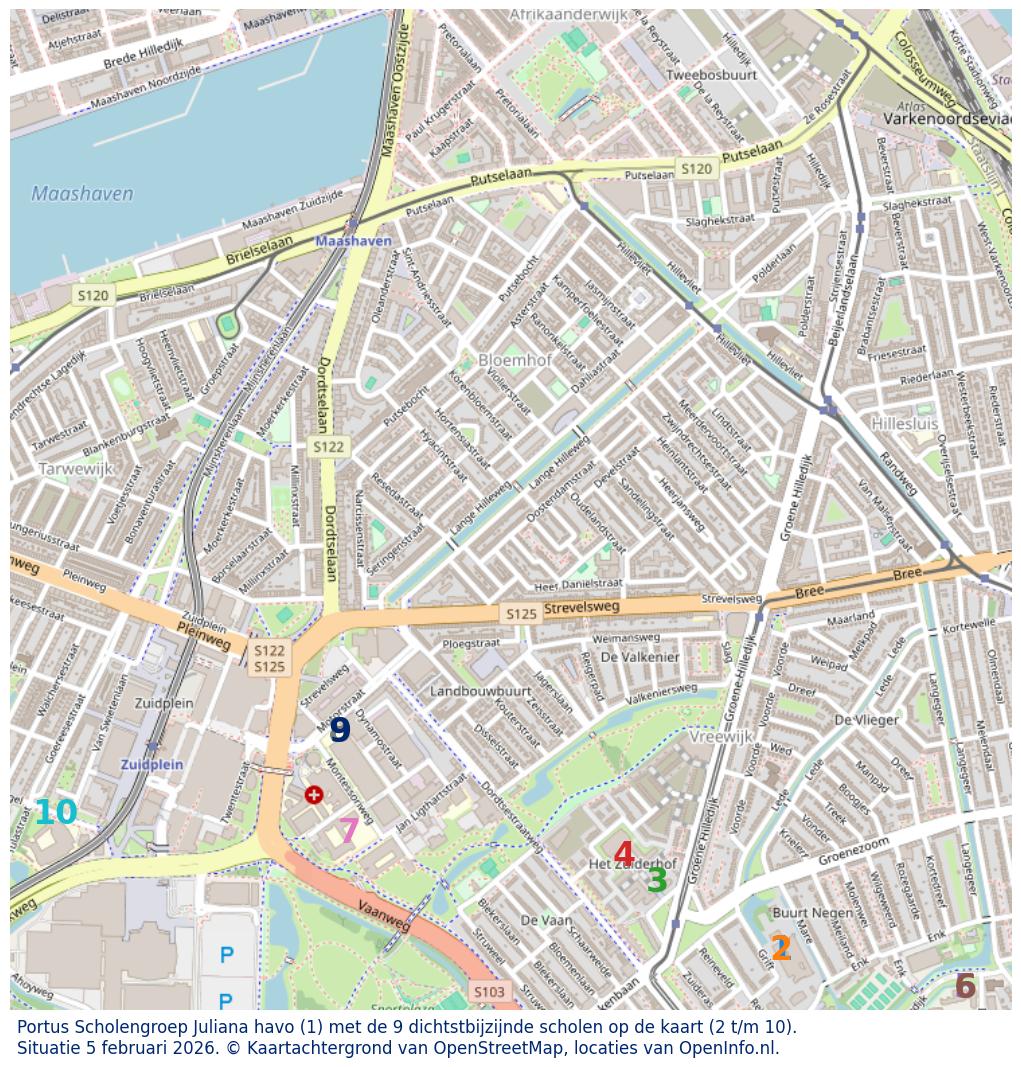 Kaart van de school met de tien dichtsbijzijnde scholen. Hierbij zijn de scholen genummerd van 1 tot en met 10. Nummer 1 is toegekend aan de schoolvestiging zelf: Portus Scholengroep Juliana havo.