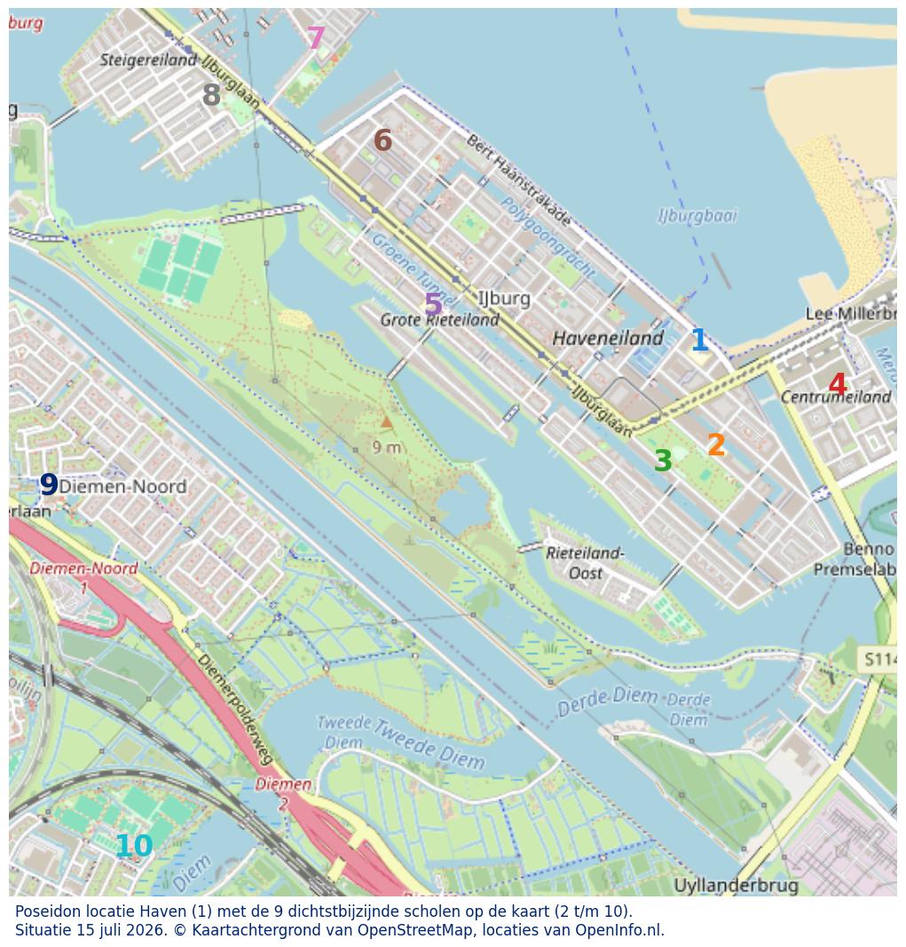 Kaart van de school met de tien dichtsbijzijnde scholen. Hierbij zijn de scholen genummerd van 1 tot en met 10. Nummer 1 is toegekend aan de schoolvestiging zelf: Poseidon locatie Haven.