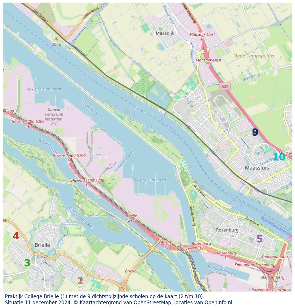 Kaart van de school met de tien dichtsbijzijnde scholen. Hierbij zijn de scholen genummerd van 1 tot en met 10. Nummer 1 is toegekend aan de schoolvestiging zelf: Praktijk College Brielle.