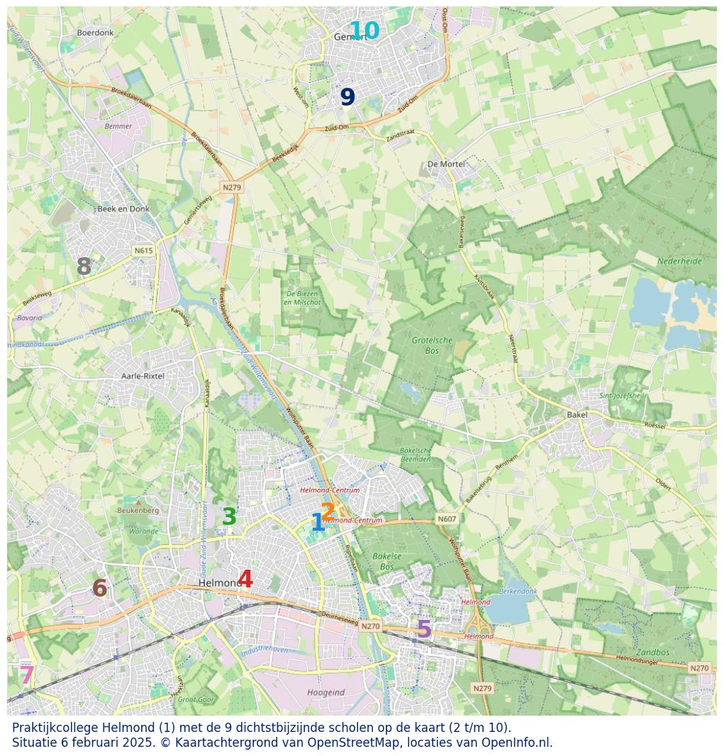 Kaart van de school met de tien dichtsbijzijnde scholen. Hierbij zijn de scholen genummerd van 1 tot en met 10. Nummer 1 is toegekend aan de schoolvestiging zelf: Praktijkcollege Helmond.