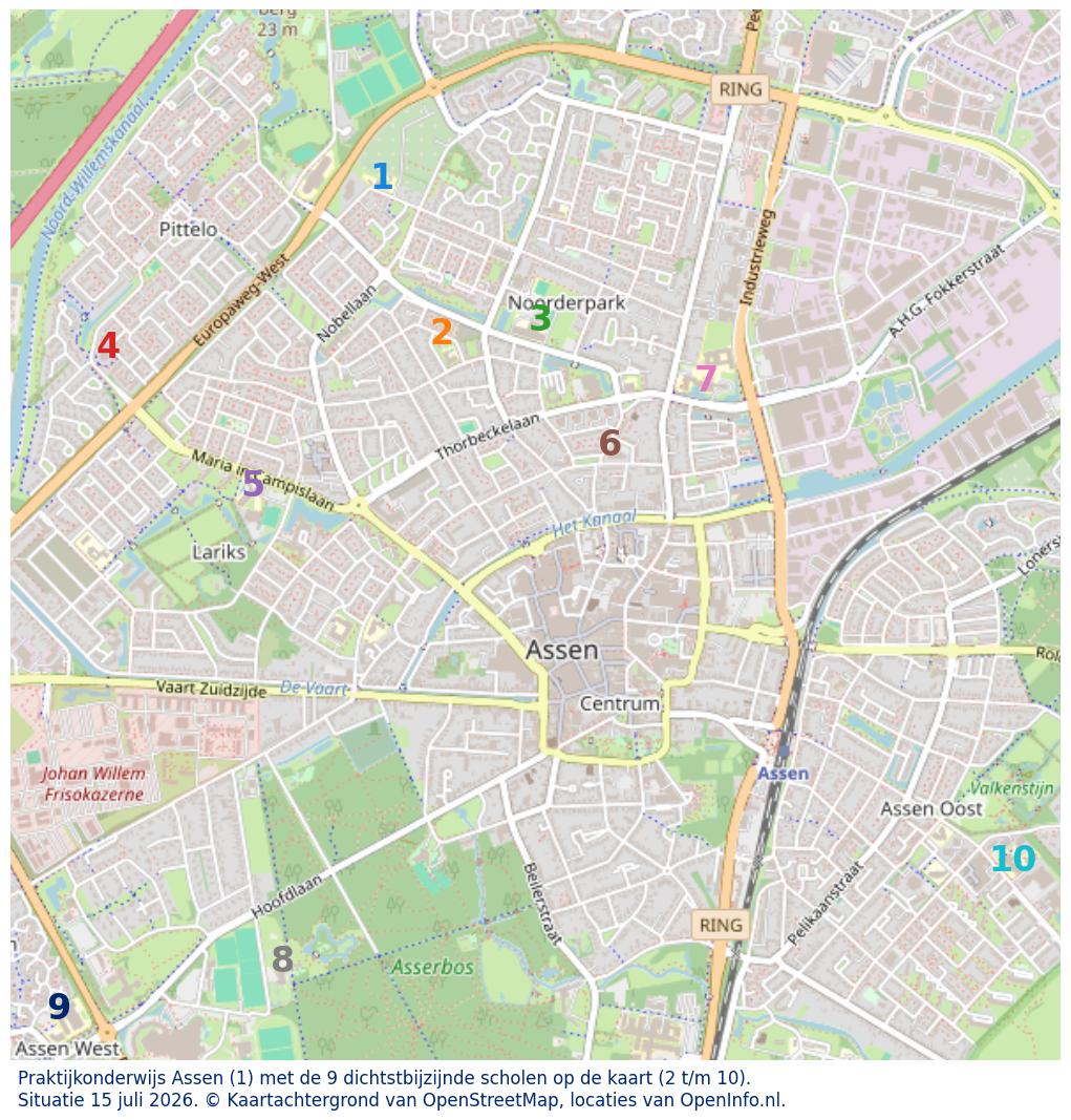 Kaart van de school met de tien dichtsbijzijnde scholen. Hierbij zijn de scholen genummerd van 1 tot en met 10. Nummer 1 is toegekend aan de schoolvestiging zelf: Praktijkonderwijs Assen.
