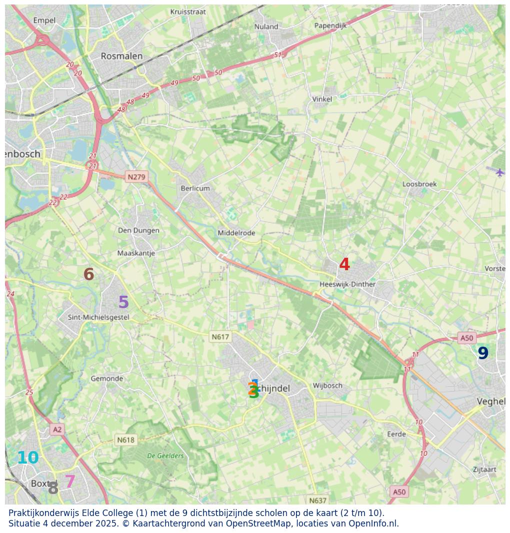 Kaart van de school met de tien dichtsbijzijnde scholen. Hierbij zijn de scholen genummerd van 1 tot en met 10. Nummer 1 is toegekend aan de schoolvestiging zelf: Praktijkonderwijs Elde College.