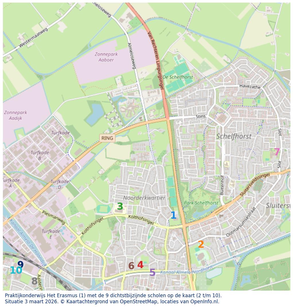 Kaart van de school met de tien dichtsbijzijnde scholen. Hierbij zijn de scholen genummerd van 1 tot en met 10. Nummer 1 is toegekend aan de schoolvestiging zelf: Praktijkonderwijs Het Erasmus.