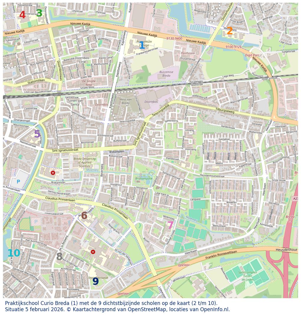Kaart van de school met de tien dichtsbijzijnde scholen. Hierbij zijn de scholen genummerd van 1 tot en met 10. Nummer 1 is toegekend aan de schoolvestiging zelf: Praktijkschool Curio Breda.