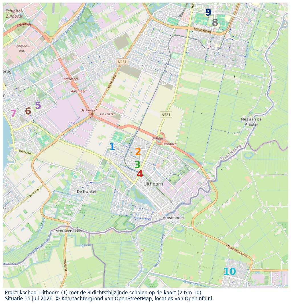 Kaart van de school met de tien dichtsbijzijnde scholen. Hierbij zijn de scholen genummerd van 1 tot en met 10. Nummer 1 is toegekend aan de schoolvestiging zelf: Praktijkschool Uithoorn.