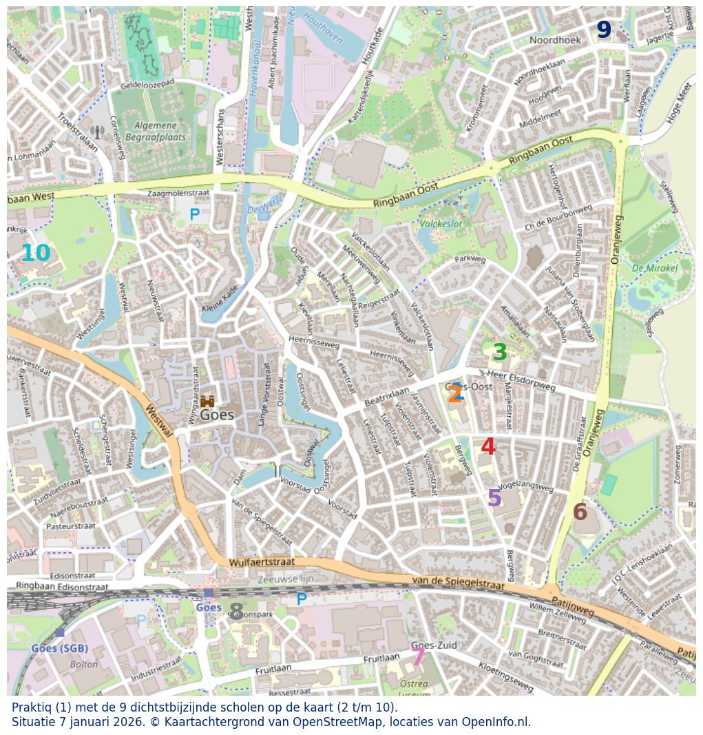 Kaart van de school met de tien dichtsbijzijnde scholen. Hierbij zijn de scholen genummerd van 1 tot en met 10. Nummer 1 is toegekend aan de schoolvestiging zelf: Praktiq.