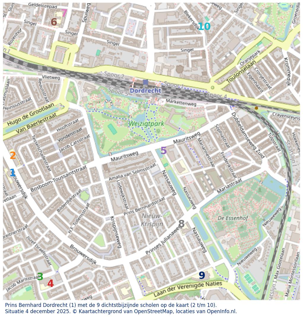 Kaart van de school met de tien dichtsbijzijnde scholen. Hierbij zijn de scholen genummerd van 1 tot en met 10. Nummer 1 is toegekend aan de schoolvestiging zelf: Prins Bernhard Dordrecht.