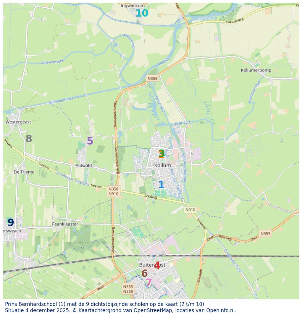 Kaart van de school met de tien dichtsbijzijnde scholen. Hierbij zijn de scholen genummerd van 1 tot en met 10. Nummer 1 is toegekend aan de schoolvestiging zelf: Prins Bernhardschool.