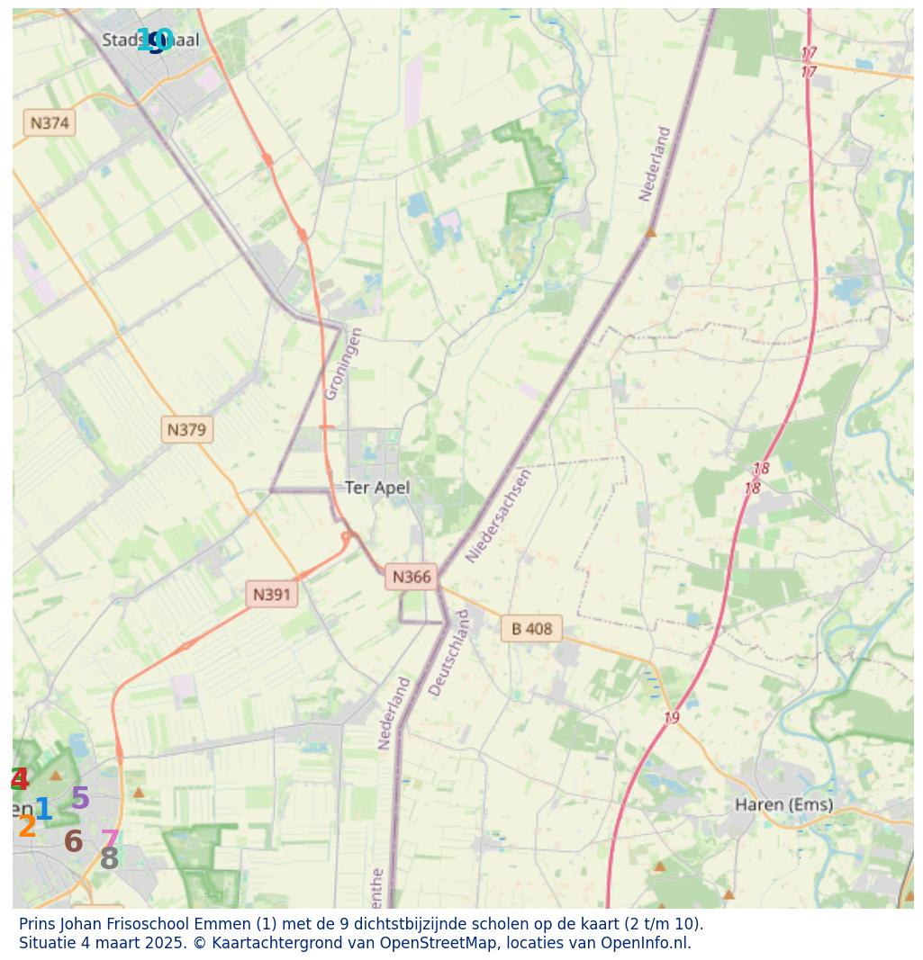 Kaart van de school met de tien dichtsbijzijnde scholen. Hierbij zijn de scholen genummerd van 1 tot en met 10. Nummer 1 is toegekend aan de schoolvestiging zelf: Prins Johan Frisoschool Emmen.