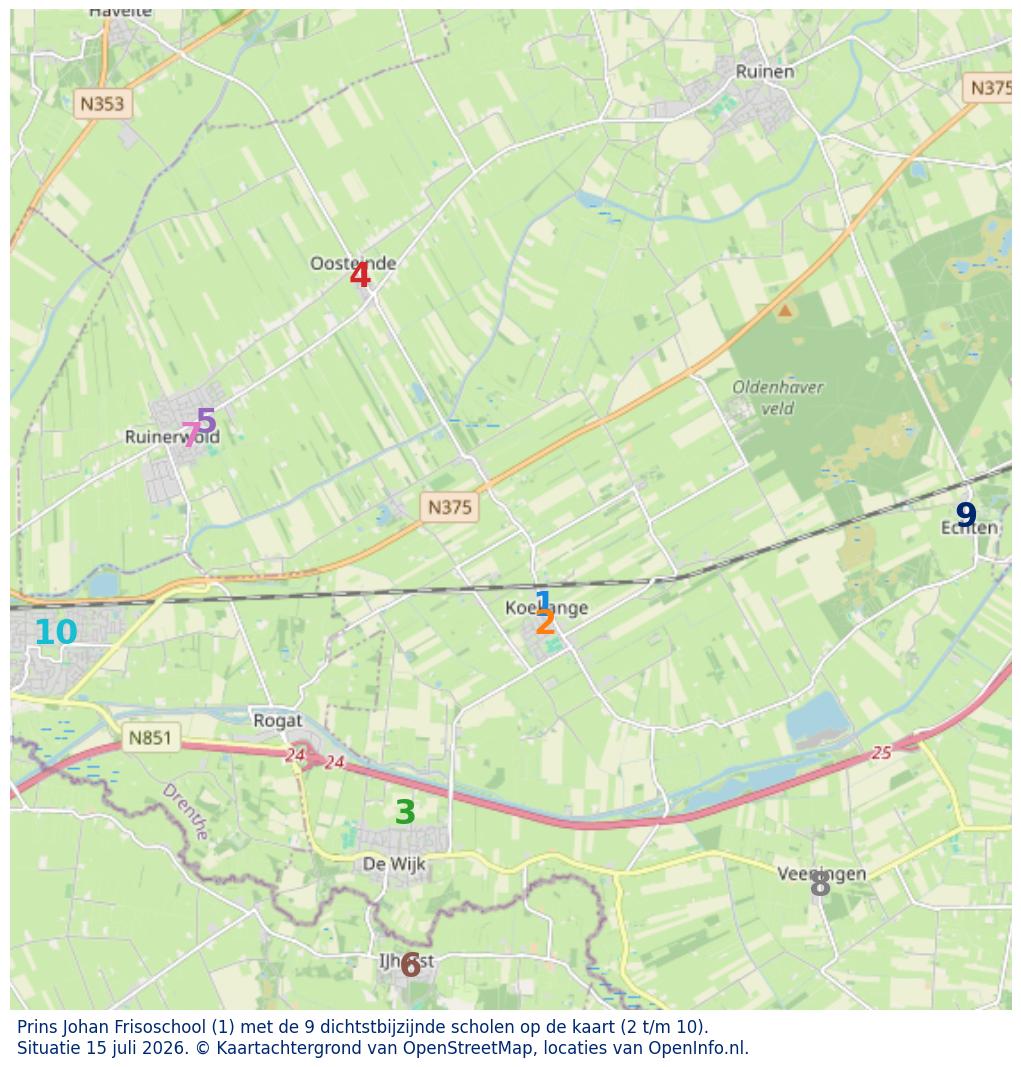 Kaart van de school met de tien dichtsbijzijnde scholen. Hierbij zijn de scholen genummerd van 1 tot en met 10. Nummer 1 is toegekend aan de schoolvestiging zelf: Prins Johan Frisoschool.