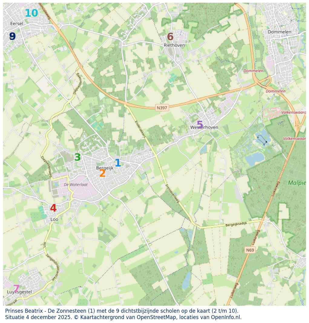 Kaart van de school met de tien dichtsbijzijnde scholen. Hierbij zijn de scholen genummerd van 1 tot en met 10. Nummer 1 is toegekend aan de schoolvestiging zelf: Prinses Beatrix - De Zonnesteen.